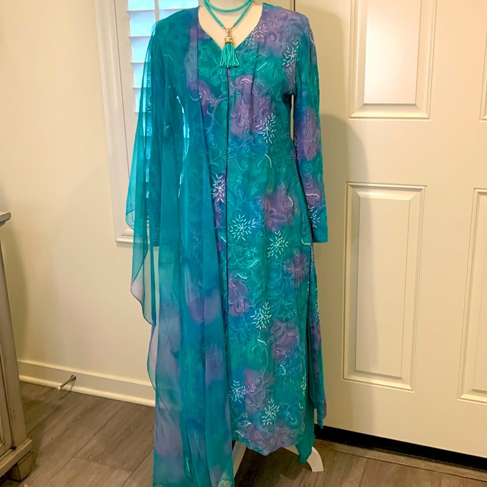 Yasmin 100% silk 3-piece kurta/shalwar/dupatta suit turquoise/lilac M